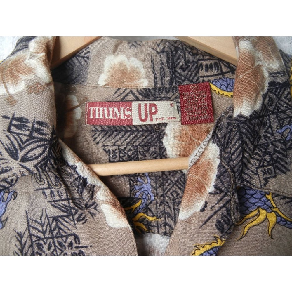 Thums Up for him  Black/Cream Dragon floral rayon 44 Med Hawiian Shirt - Picture 3 of 5